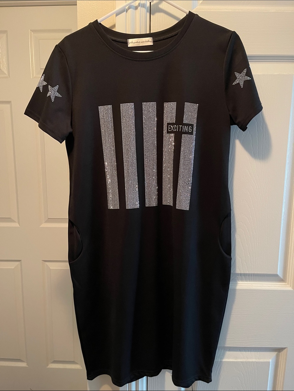 Black Short Sleeve Dress with Silver Sequin Stripe & Star Accents